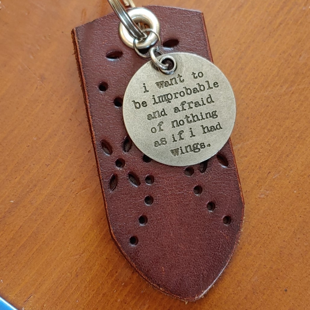 Leather keyring w quote charm